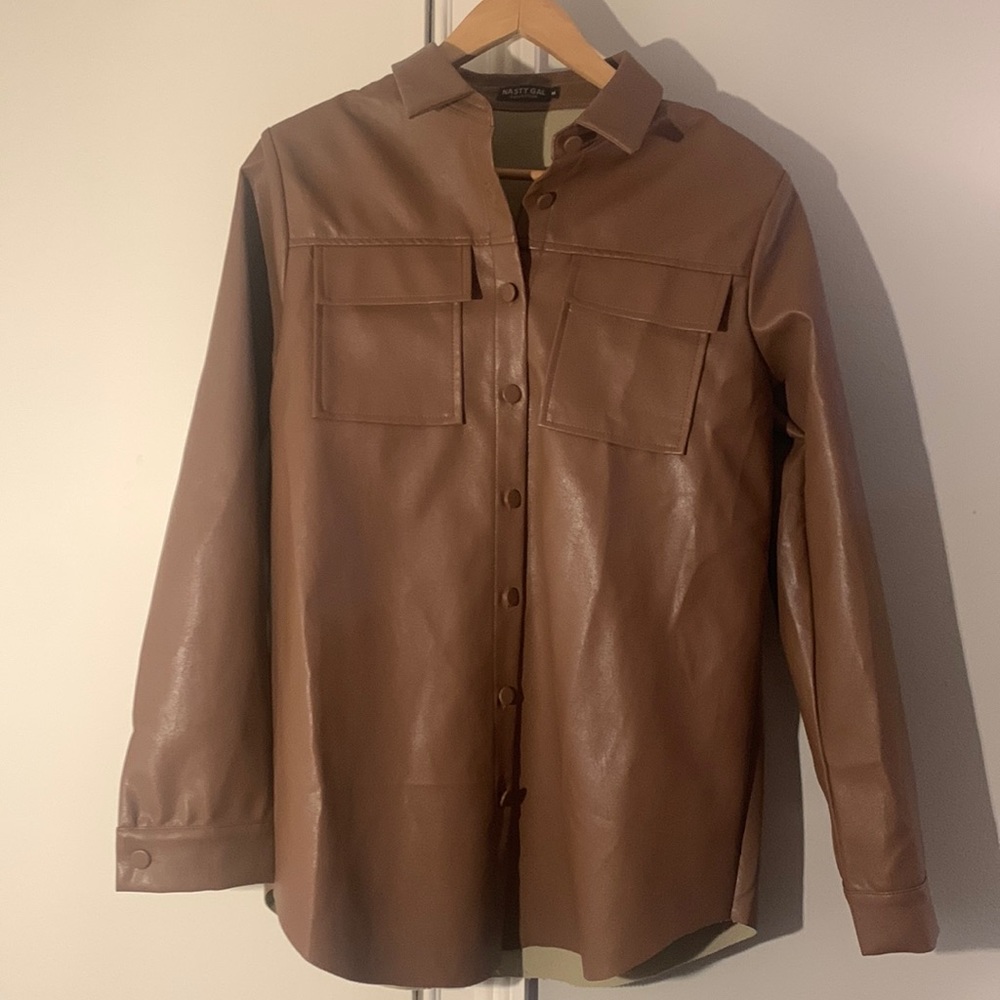Faux Leather Oversized Button Down Shirt Jacket